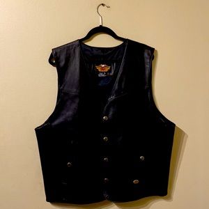 Unisex Black Leather Harley Davidson Vest sz XL silver tone buttons